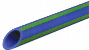 The mark consists of a cylindrical pipe the outer surface of which shows four green stripes corresponding to RAL 150 60 40; the breadth of each of these stripes is 1/3 of the outer diameter of the pipe; the areas between these stripes are blue corresponding to RAL 280 40 45.