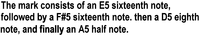 The mark consists of an E5 sixteenth note, followed by a F#5 sixteenth note. then a D5 eighth note, and finally an A5 half note.