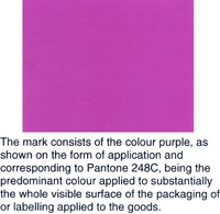 The mark consists of the colour purple, as shown on the form of application and corresponding to Pantone 248C, being the the predominant colour applied to substantially the whole visible surface of the packaging of or labelling applied to the goods.