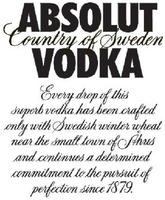 ABSOLUT VODKA Country of Sweden Every drop of this superb vodka has been crafted only with Swedish winter wheat near the small town of Åhus and continues a determined commitment to the pursuit of perfection since 1879