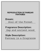 REPRODUCTION OF FAMILIAR FANTASIES Dream: Soul of the Forest Fragrance Description: Sap and ancient wood Style Description: Fantasy in a fragrance