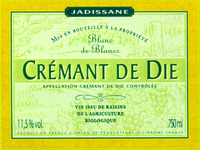 JADISSANE Blanc de Blancs CRÉMANT DE DIE APPELLATION CRÉMANT DE DIE CONTRÔLÉE VIN ISSU  DE RAISINS DE L'AGRICULTURE BIOLOGIQUE