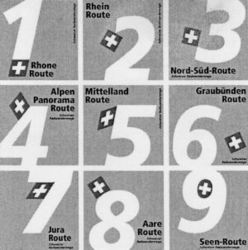 1 Rhone Route 2 Rhein Route 3 Nord-Süd-Route 4 Alpen Panorama Route 5 Mittelland Route 6 Graubünden Route 7 Jura Route 8 Aare Route 9 Seen-Route