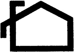Maisonnette stylisée avec cheminée à gauche.