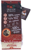 SIBIRSKIY DELIKATES, 55% govjadina+17% kurinaja grudka+ 8% svinina, 8% luk, 6,2% moloko, 3,8% jajco kurinoe, 2% specii=100% domashniy farsh, unikal'noe napolnenie, 60 mjasa, 40 testa, 86.5% muka+11% jajco kurinoe, 2% specii i sol', 0,5% rastilel'noe maslo=100% testo, dlja babushki, RUSSKIE PEL'MENI