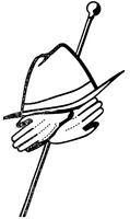 La representación estilizada de un sombrero sobre un par de guantes, un guante en sentido opuesto al otro, todo ello sobre un bastón.